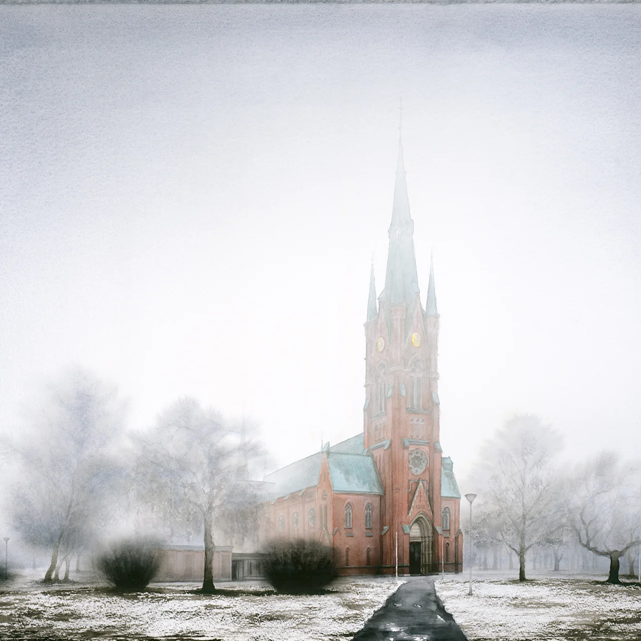 Akvarellmålning med stadsmotiv, Matteus kyrka i Norrköping