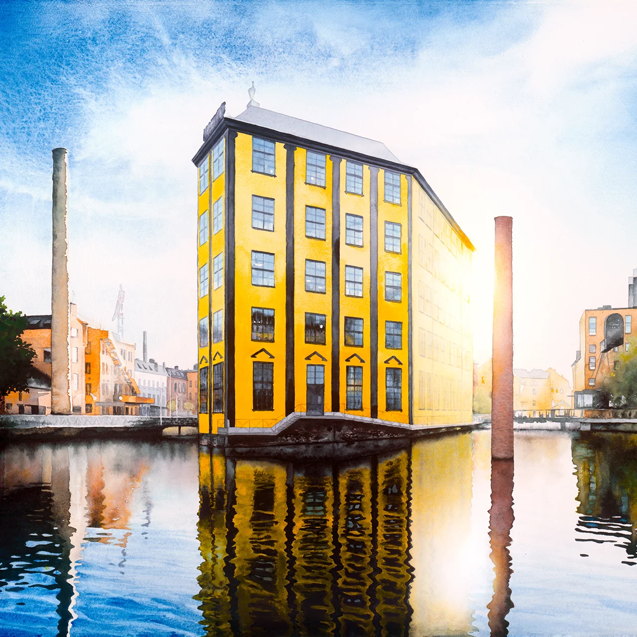 Akvarellmålning med stadsmotiv, Strykjärnet/Arbetets museum i Norrköping