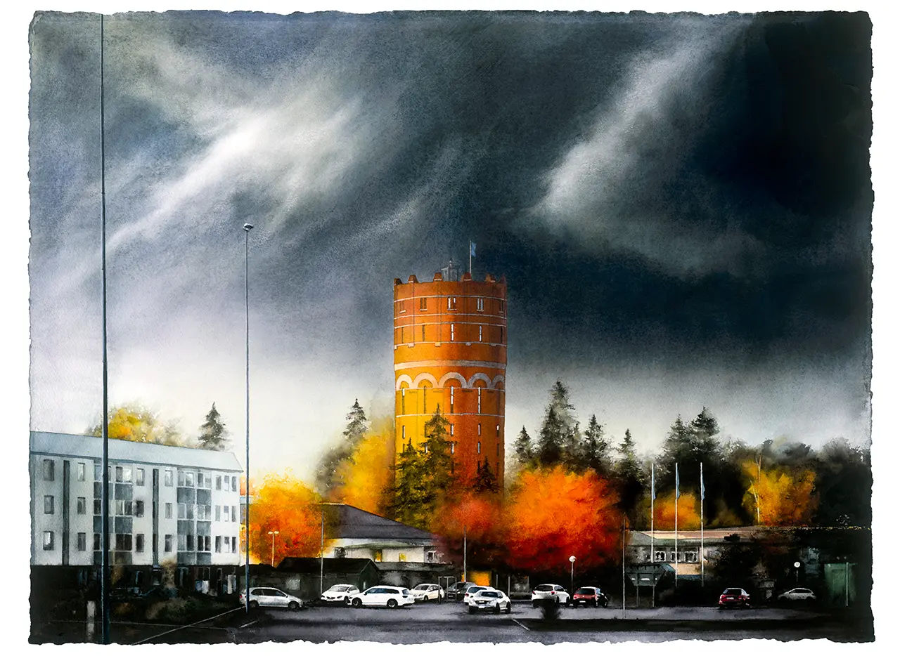 Akvarellmålning i realistisk stil med Gamla Vattentornet i Norrköping