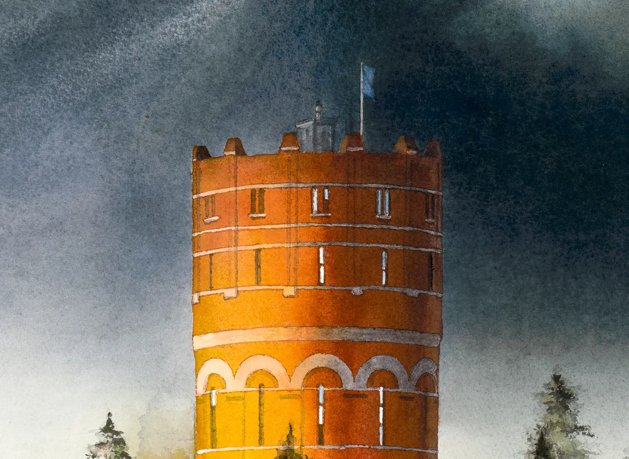 Detalj av akvarellmålning i verklighetstrogen stil med Gamla Vattentornet i Norrköping