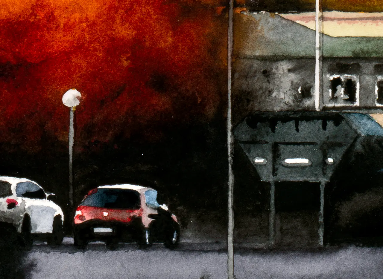 Detalj av målning i fotorealistisk stil med Gamla Vattentornet i Norrköping