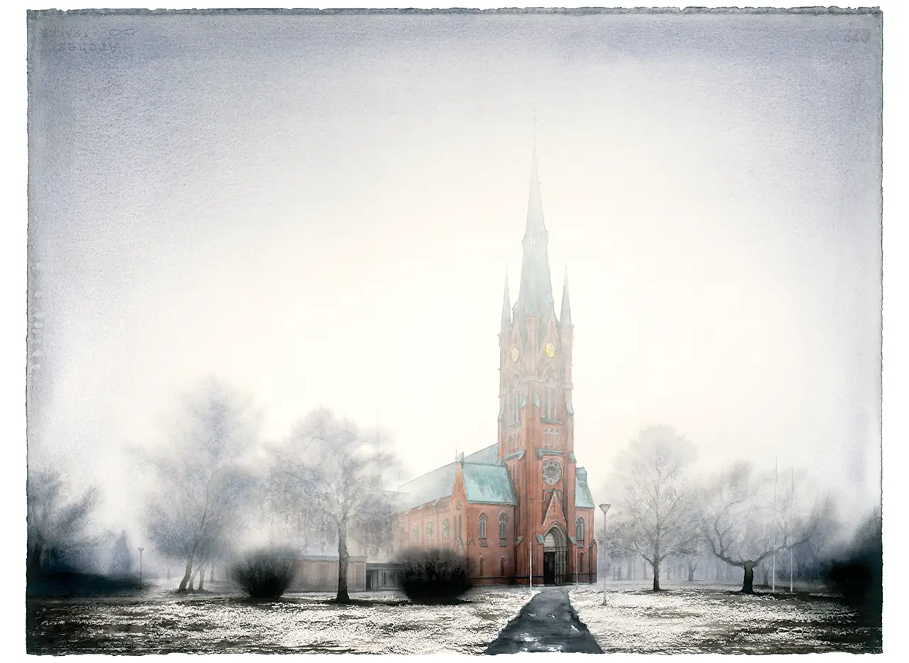 Akvarellmålning efter fotografi med Matteus kyrka i Norrköping