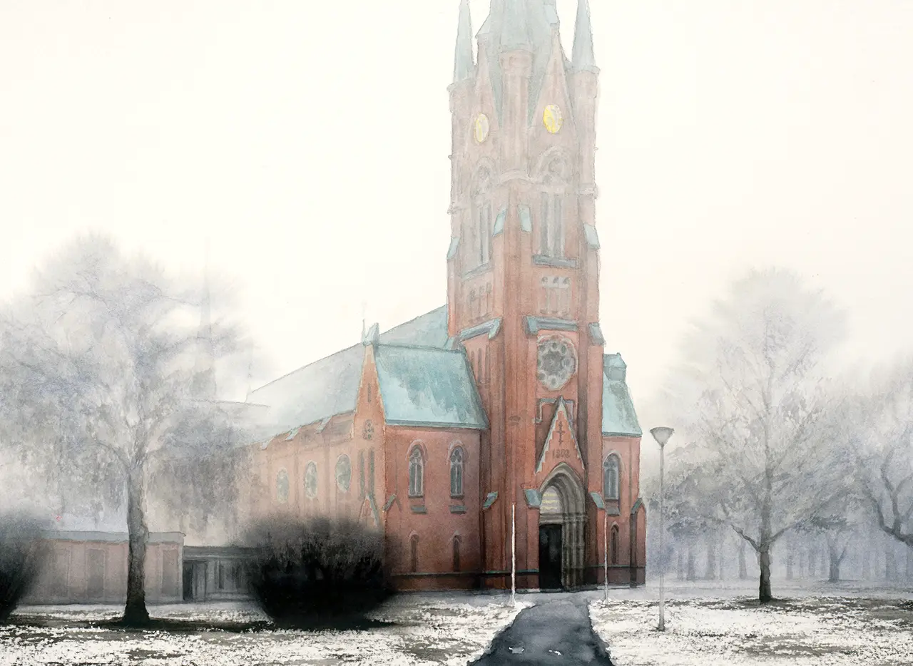 Utsnitt av akvarellmålning efter foto med Matteus kyrka i Norrköping