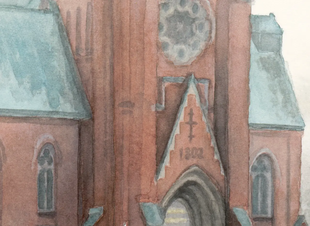 Detalj av akvarell med Matteus kyrka i Norrköping målad från foto