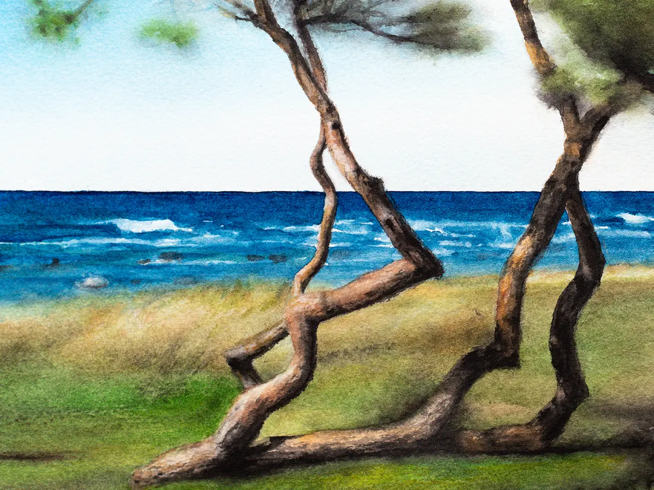 Utsnitt av beställt konstverk i akvarell av ett träd vid havet på Gotland