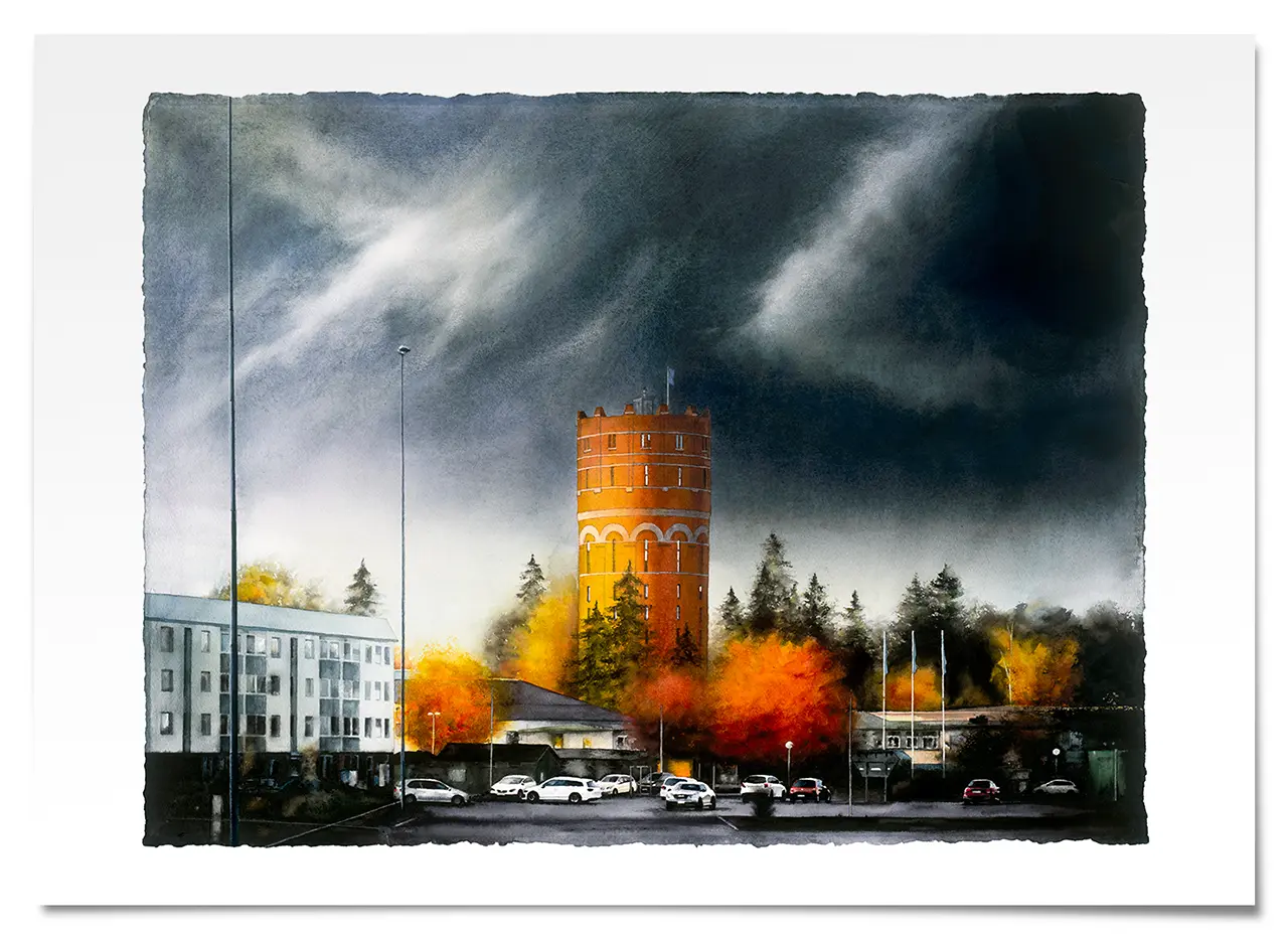 Fine Art Print med akvarellmålning av Gamla Vattentornet i Norrköping