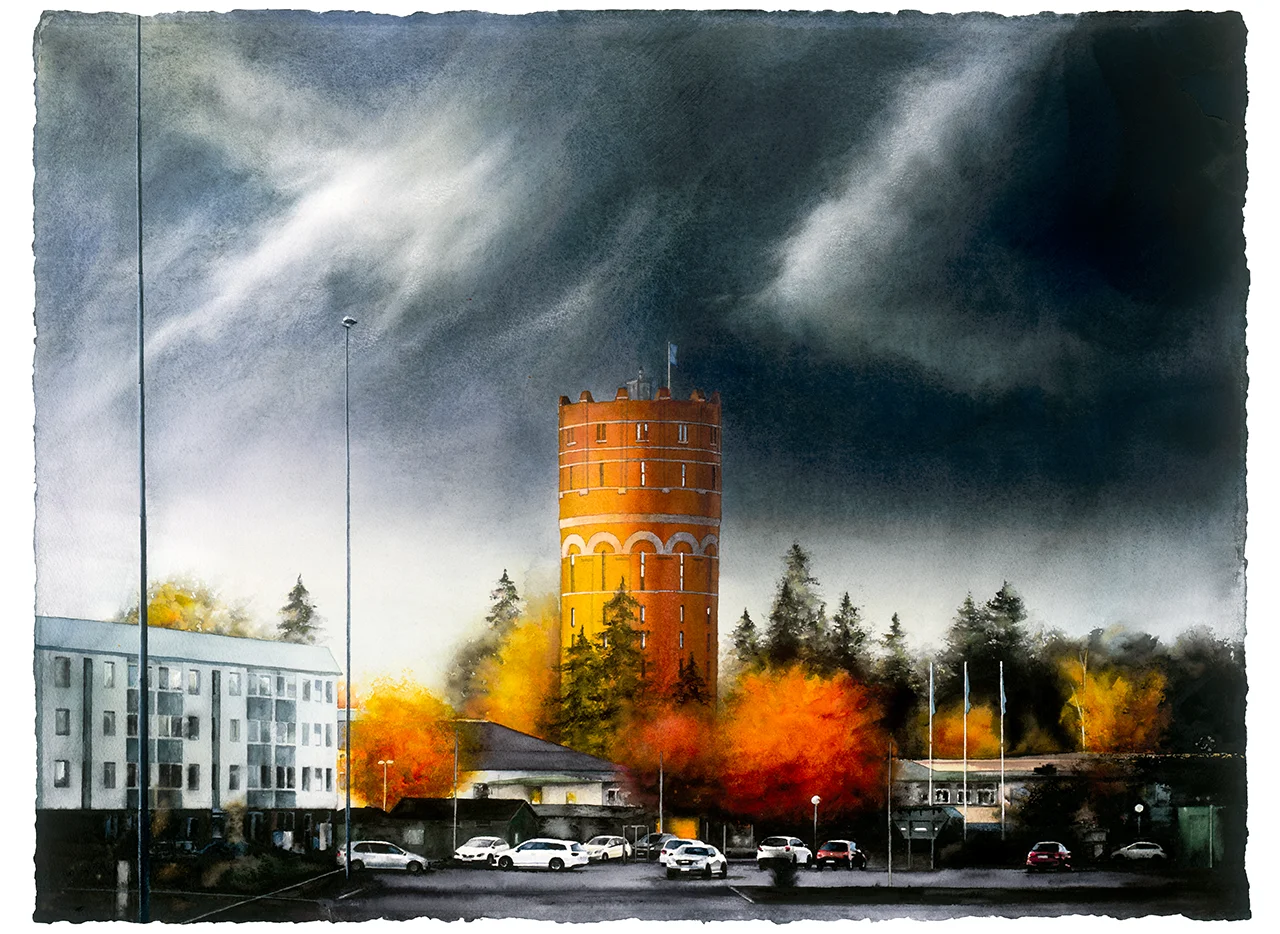 Gamla Vattentornet i Norrköping, Fine Art Print med akvarellmålning av Jens Tärning 2022 ©