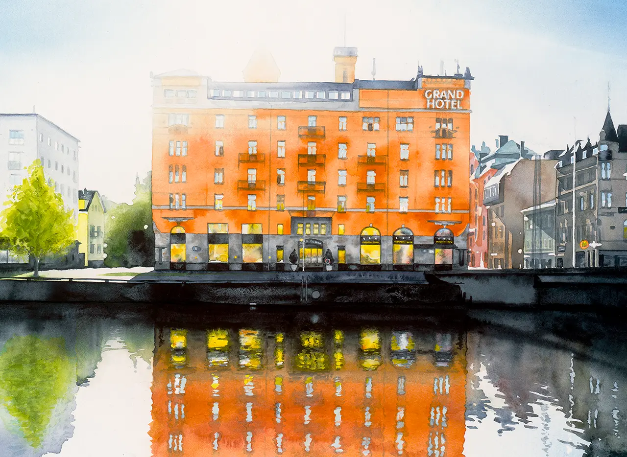 Utsnitt av konsttryck med Grand Hotel i Norrköping i akvarell