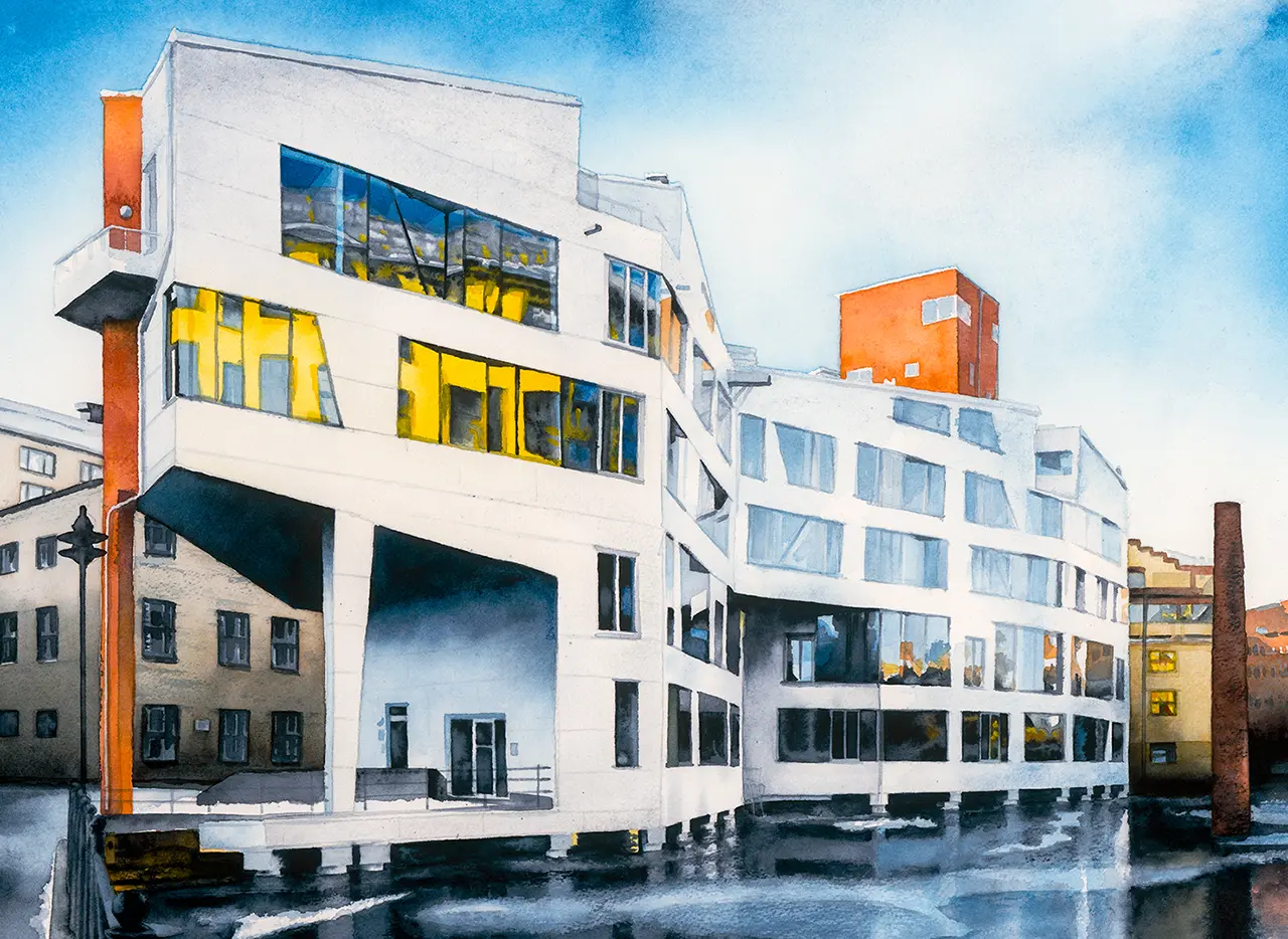 Utsnitt av konsttryck med Katscha i Norrköping i akvarell