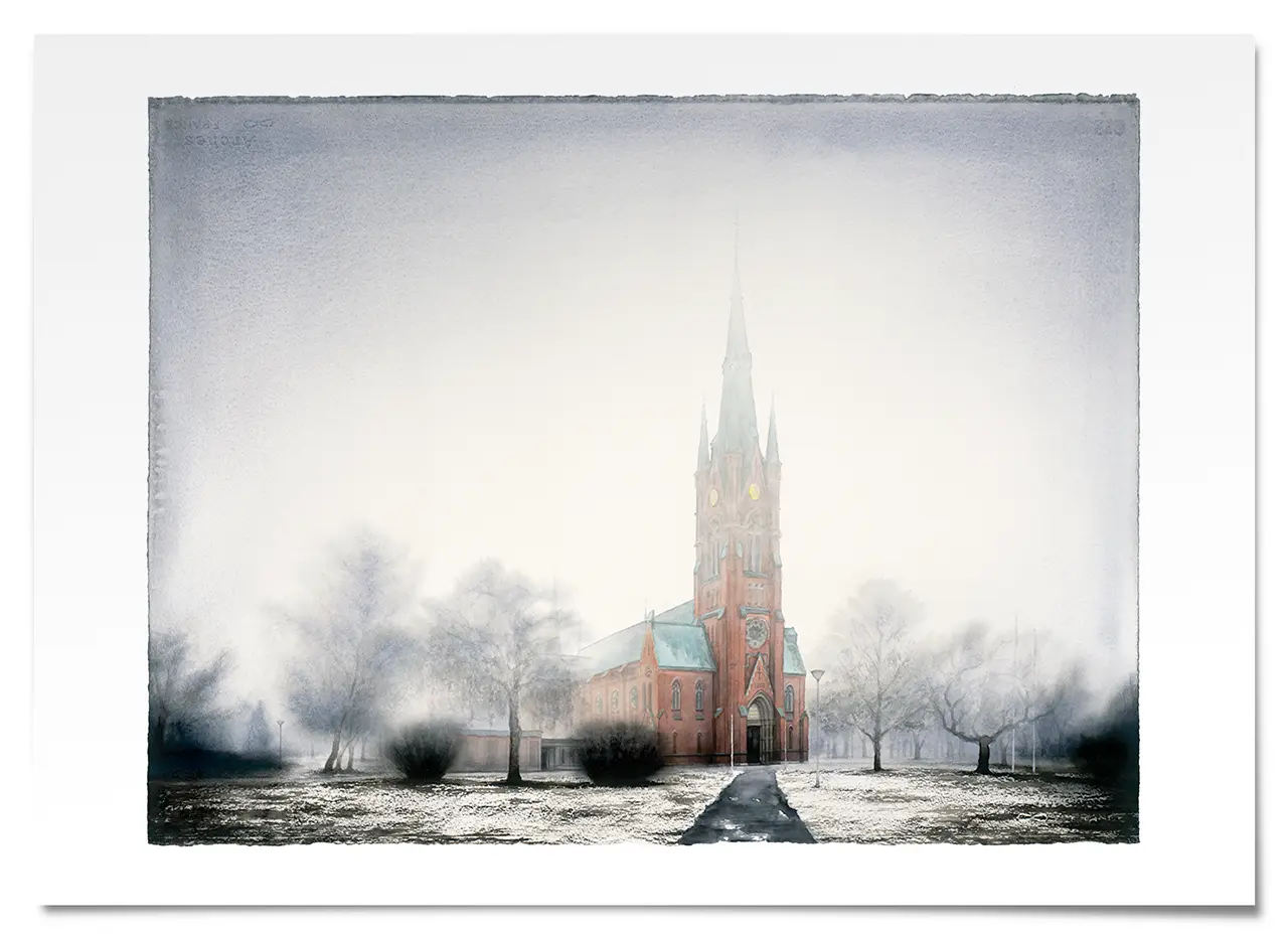 Fine Art Print med akvarellmålning av Matteus kyrka i Norrköping
