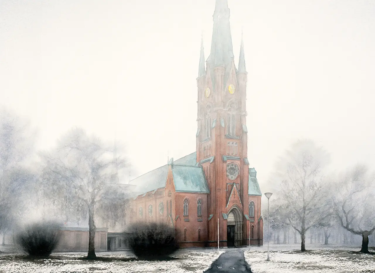 Utsnitt av konsttryck med Matteus kyrka i Norrköping i akvarell