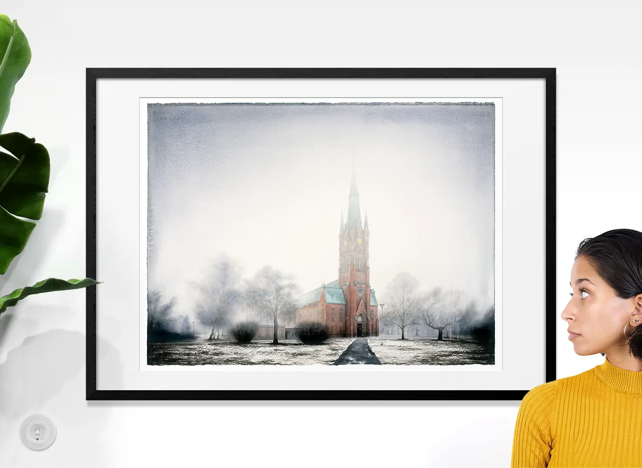 Tavla med stadsmotiv från Norrköping, akvarellmålning av Matteus kyrka, 100x70 cm