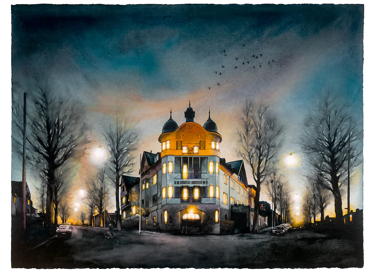 Stora Pensionatet i Norrköping, Fine Art Print med akvarellmålning av Jens Tärning 2022 ©