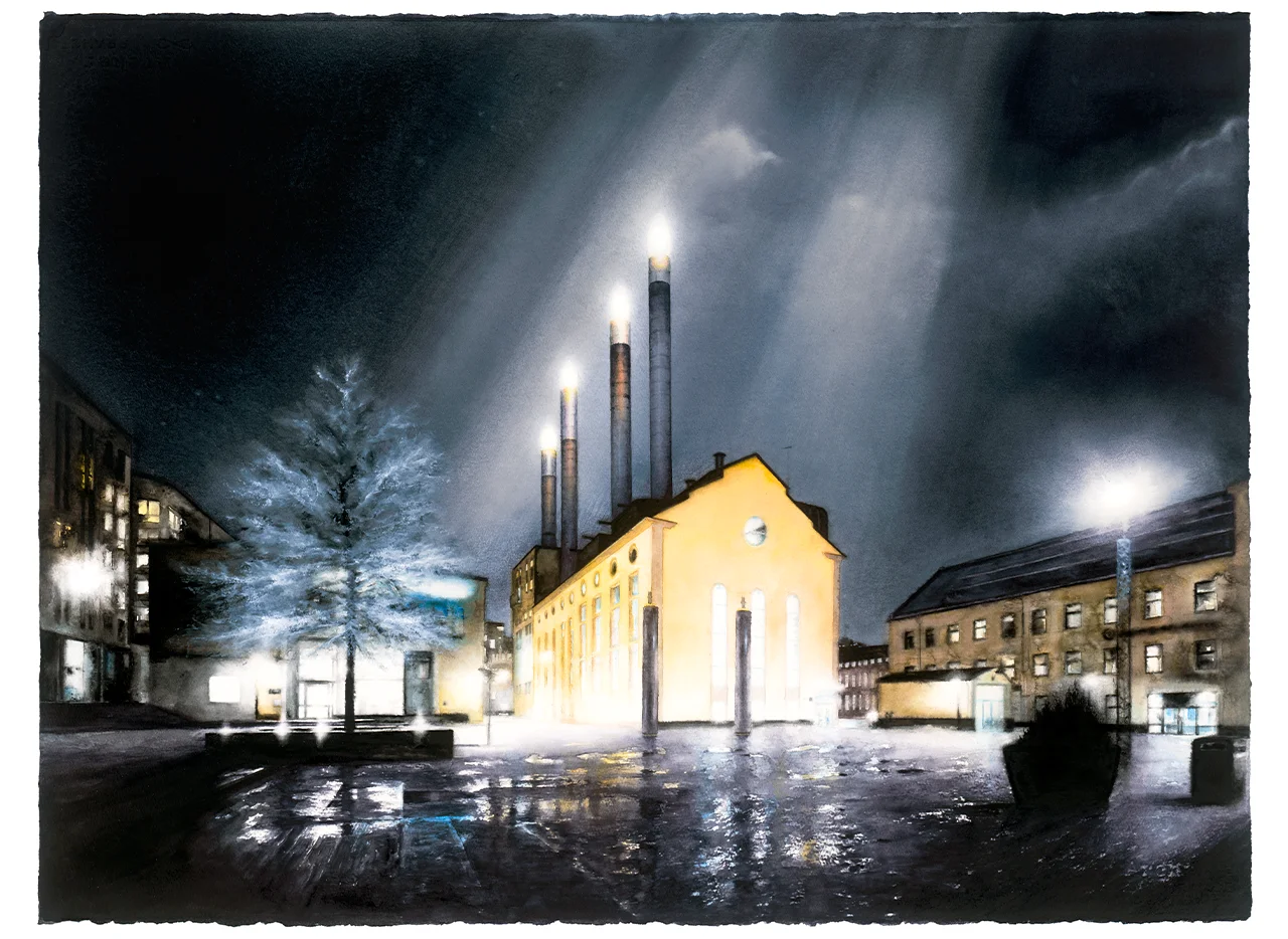 Värmekyrkan i Norrköping, Fine Art Print med akvarellmålning av Jens Tärning 2022 ©