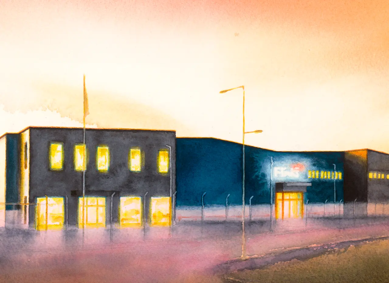 Detalj av målning i akvarell med Flinks Järn i Norrköping
