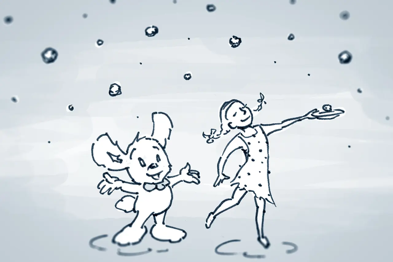 Tecknad storyboard till reklamfilm, Lille Skutt och en flicka  fångar köttbullar som regnar ner från himlen