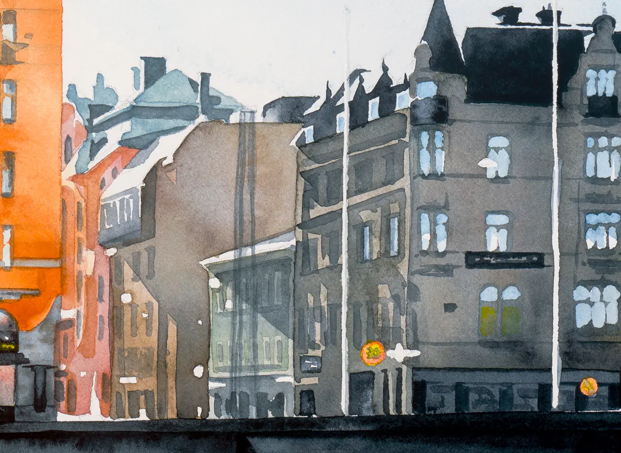 Detalj av akvarellmålning med Grand Hotel i Norrköping