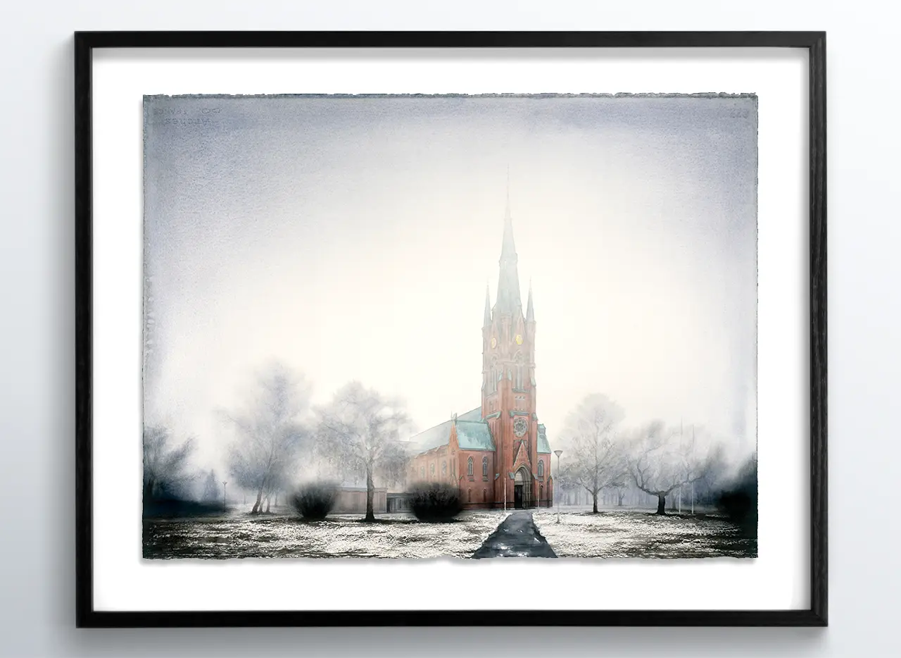 Matteus kyrka i Norrköping, inramad akvarellmålning