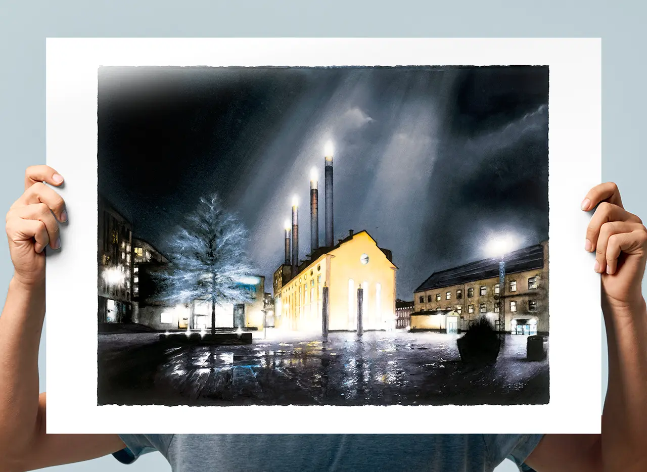 Poster med akvarellmålning av Värmekyrkan i Norrköping