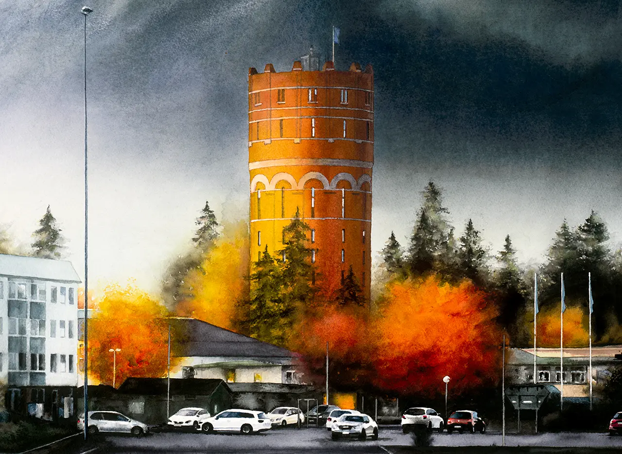 Utsnitt av konsttryck med Gamla Vattentornet i Norrköping i akvarell
