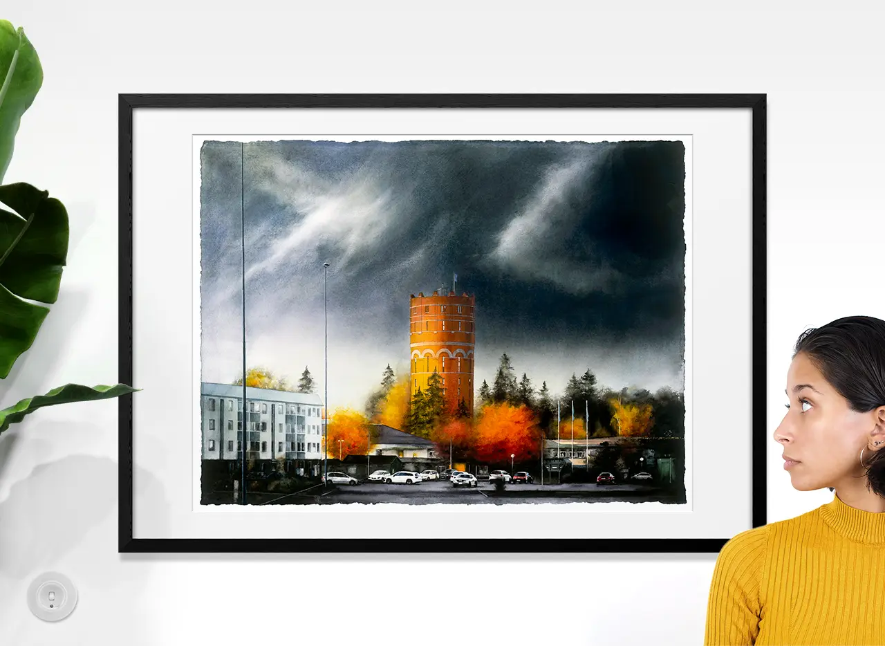 Tavla med stadsmotiv från Norrköping, akvarellmålning av Gamla Vattentornet, 100x70 cm