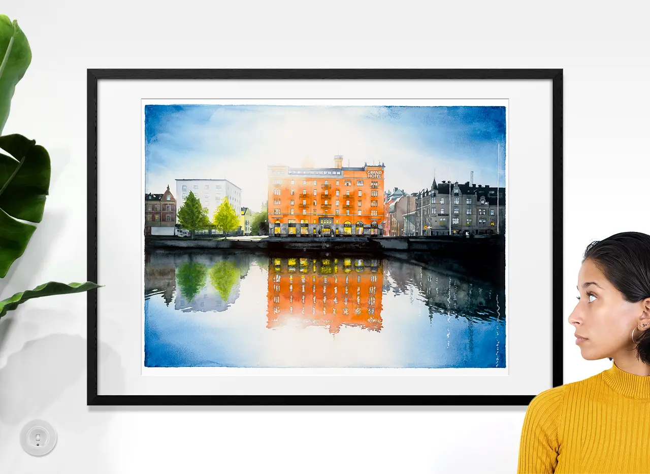Tavla med stadsmotiv från Norrköping, akvarellmålning av Grand Hotel, 100x70 cm