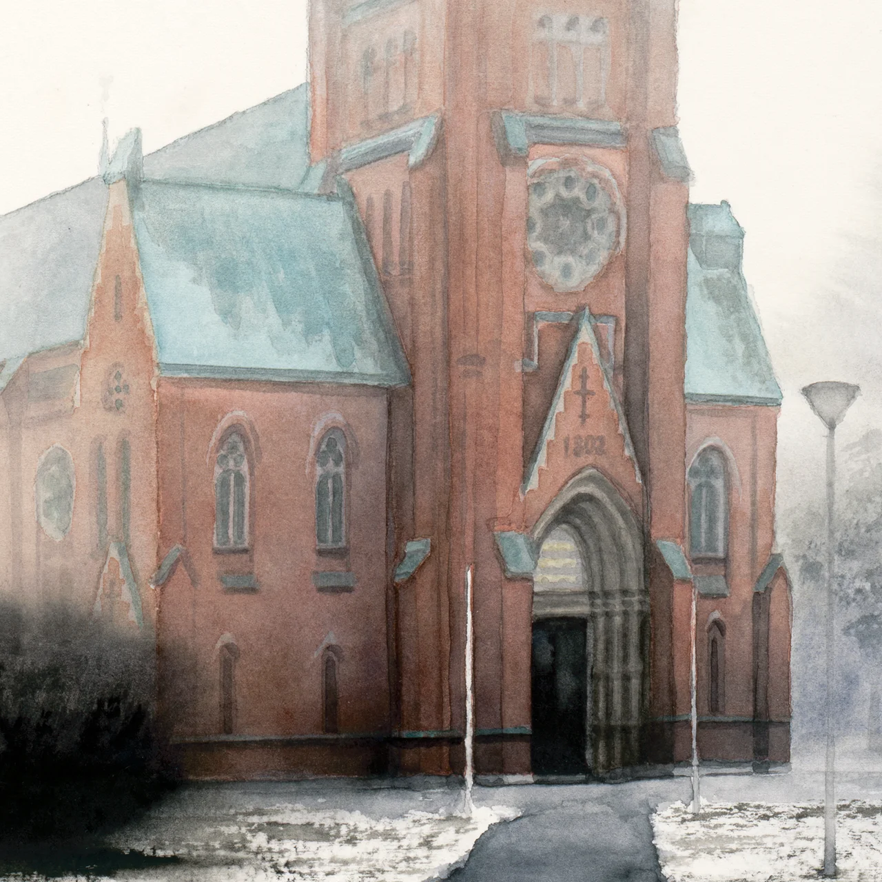 Detalj av Fine Art Print med akvarellmålning, Matteus kyrka i Norrköping