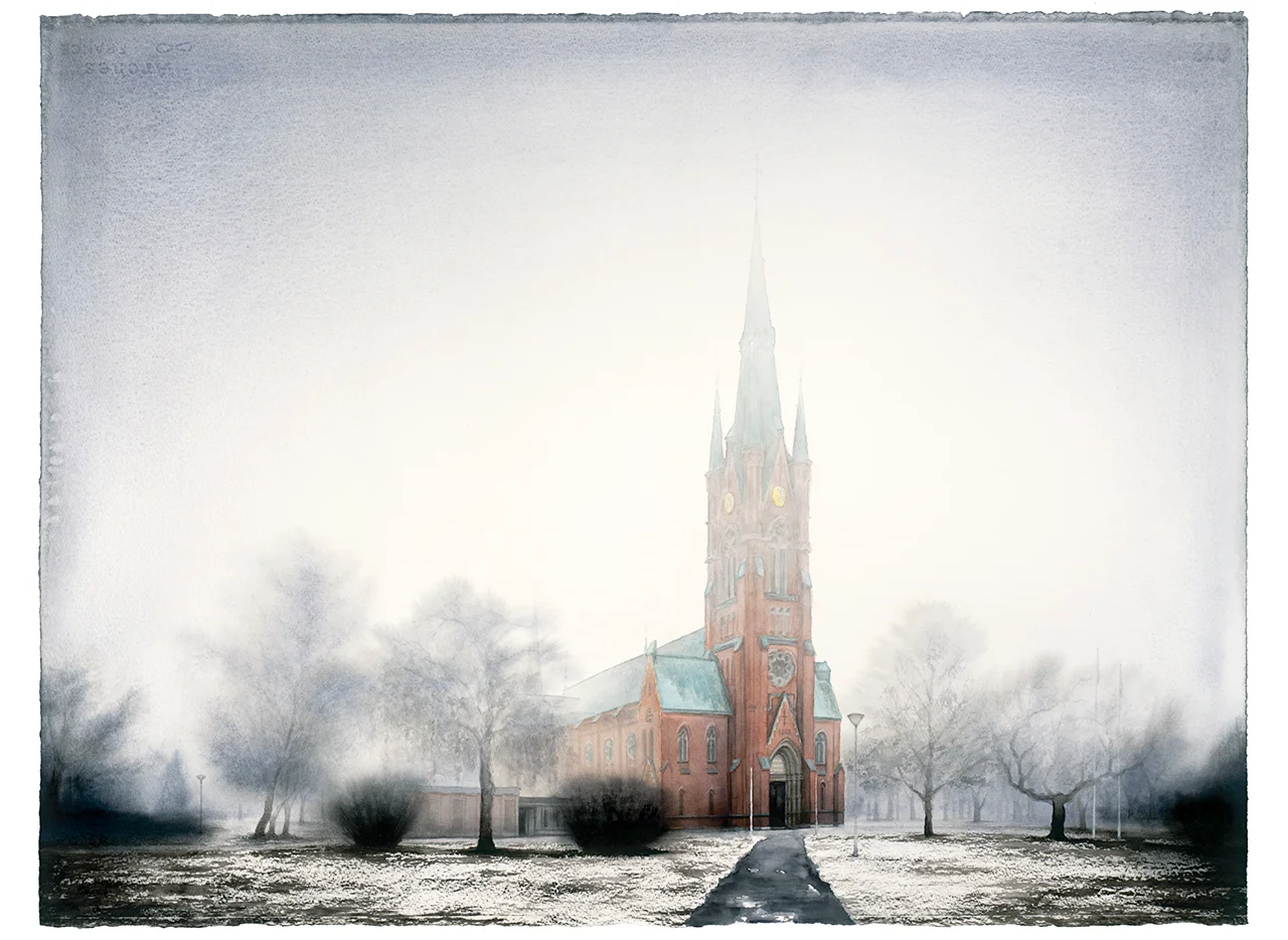Matteus kyrka i Norrköping, Fine Art Print med akvarellmålning av Jens Tärning 2022 ©
