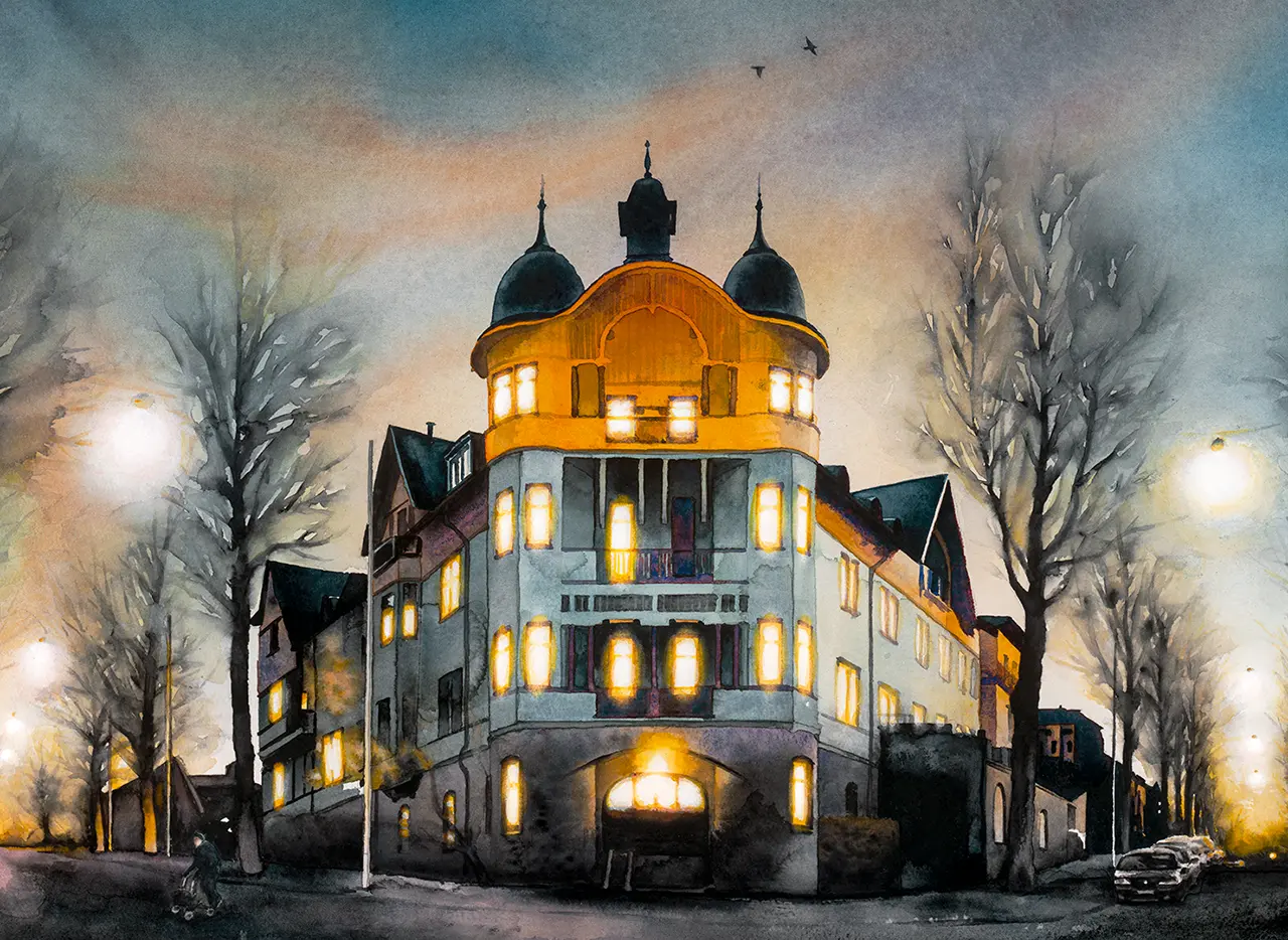 Utsnitt av konsttryck med Stora Pensionatet i Norrköping i akvarell