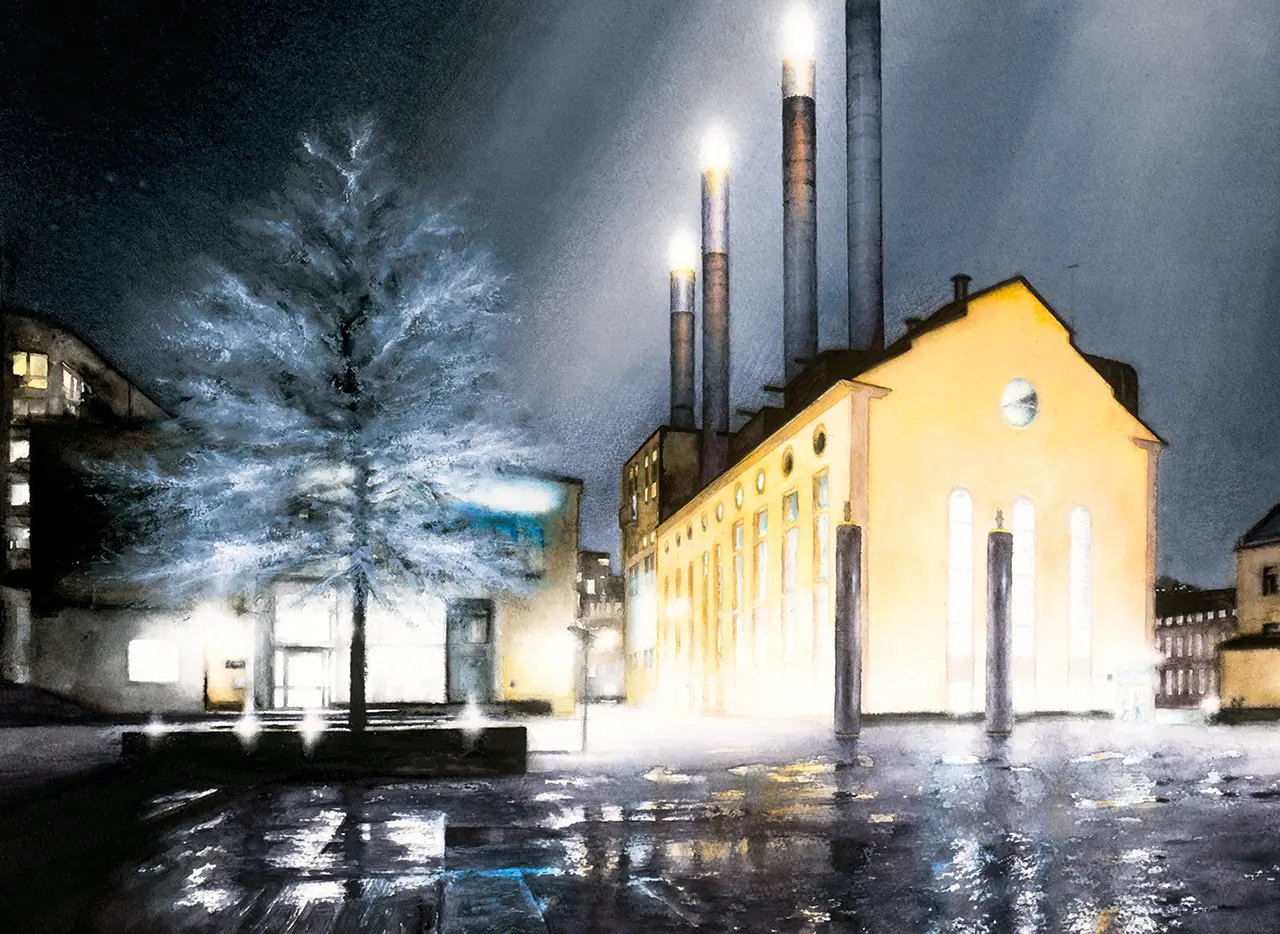 Utsnitt av konsttryck med Värmekyrkan i Norrköping i akvarell