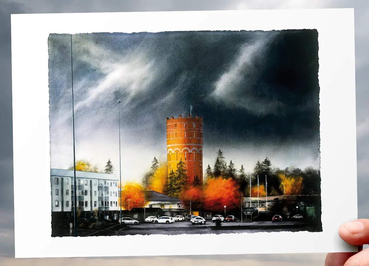 Vykort med akvarell av stadsmotiv, Gamla Vattentornet i Norrköping